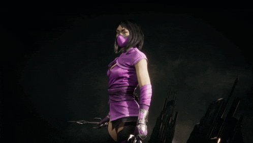 a woman in a purple costume is holding a sword