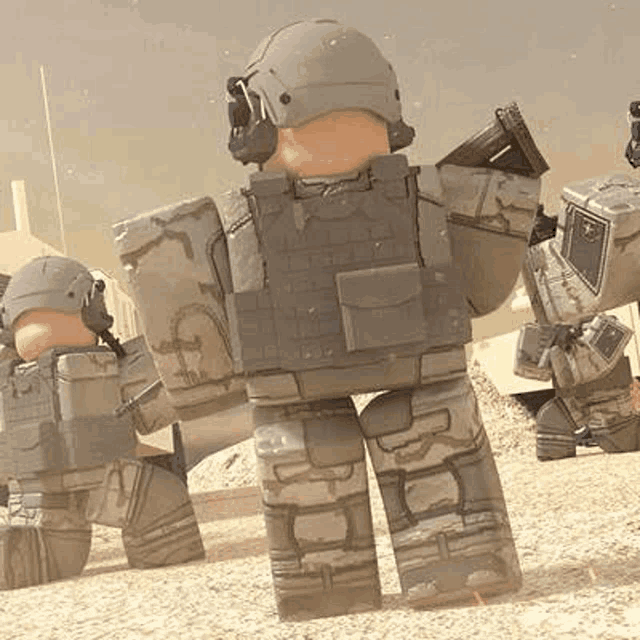 a group of roblox soldiers are standing next to each other in a desert .