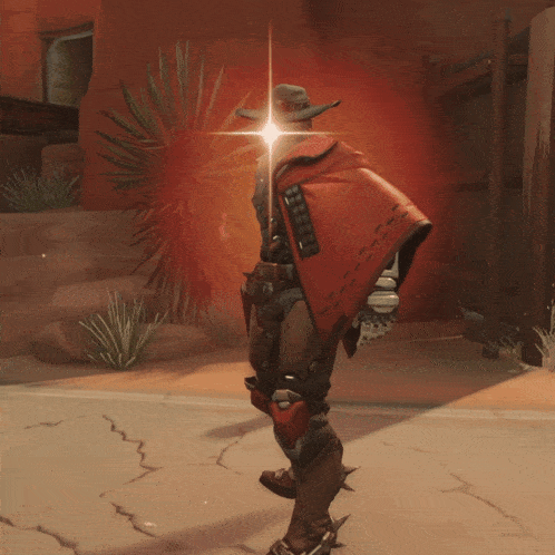 a person in a video game is holding a sword with a red light coming out of it