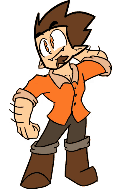 a cartoon drawing of a man in an orange shirt