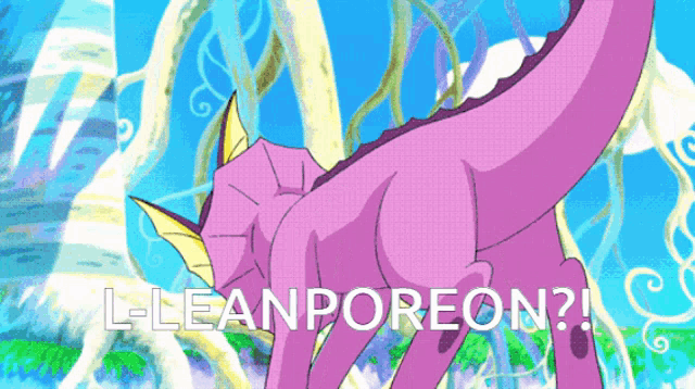 a cartoon drawing of a purple dinosaur with the words l-leanporeon written below it