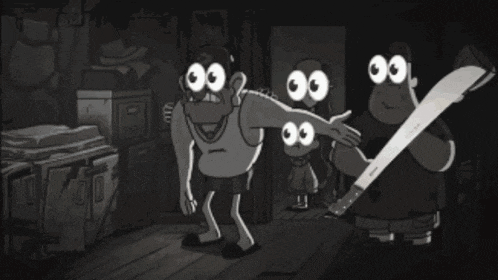 a black and white cartoon of a man holding a machete fighting another man