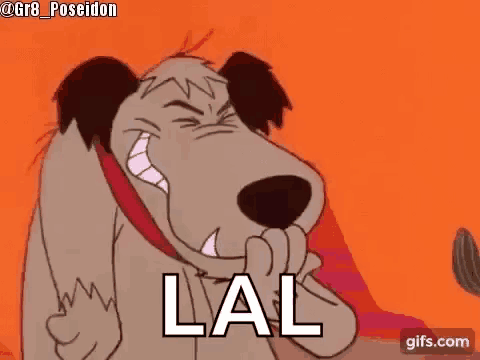 a cartoon dog is laughing with the word lal written on it .