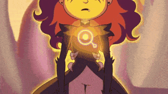 a cartoon girl with red hair is holding a glowing object in her hands .