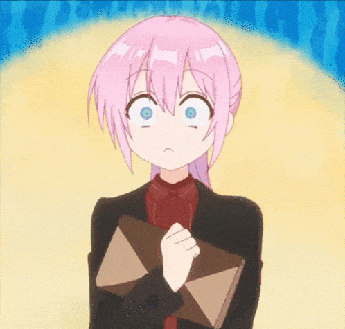 a girl with pink hair and blue eyes holds a piece of paper