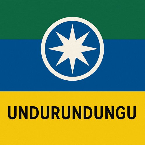a blue green and yellow flag with a white star in the center and the words undurundurugu below it