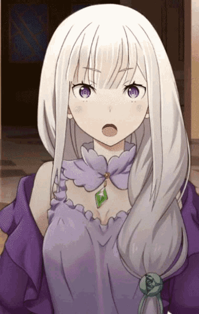 a girl with white hair and purple eyes is wearing a purple shirt