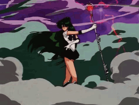 a cartoon character is holding a cane in a cloudy sky .