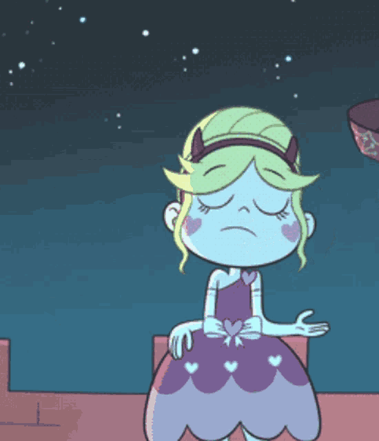 a cartoon girl in a purple dress with hearts on her sleeves