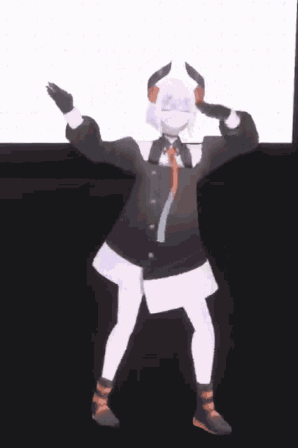 a cartoon character with horns is dancing in front of a white background