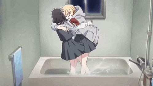 two anime girls hugging each other in a bath tub