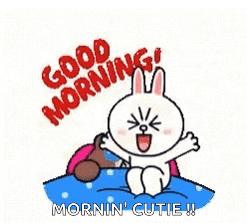 a cartoon bunny is sitting on a bed with a teddy bear and saying good morning .