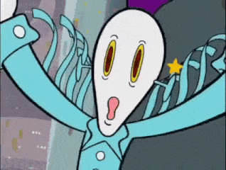 a cartoon character with a surprised look on his face is wearing a blue shirt and a blue scarf .