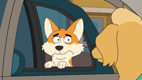 a cartoon dog looking out of a car window with a sad look on his face