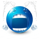 a blue smiley face is crying with tears coming out of its eyes and mouth .