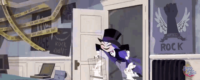a cartoon character standing in front of a door that says rock