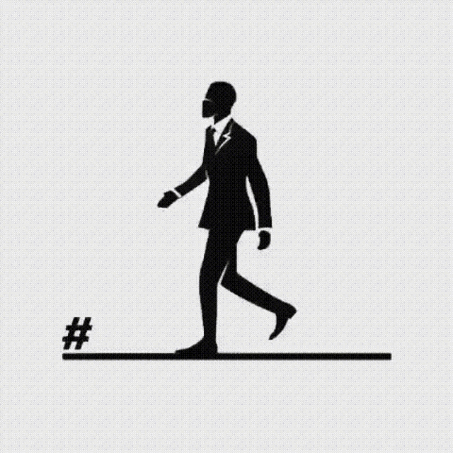 a black and white silhouette of a man in a suit and tie walking .