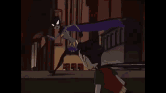 two cartoon characters , batman and robin , are flying in the air in front of a full moon .