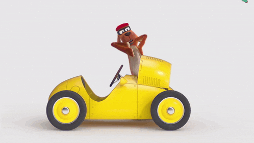 a cartoon dog wearing glasses and a red hat is driving a yellow car