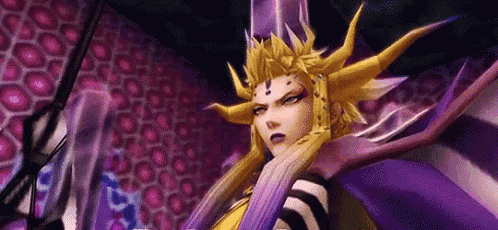 a cartoon character with a purple cape and a crown on her head is standing in a room .