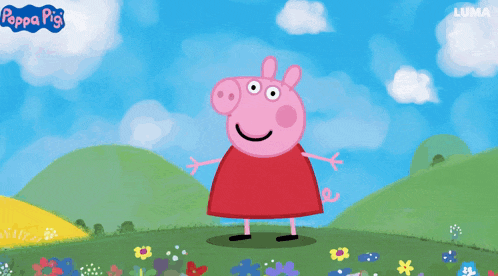 a peppa pig cartoon character standing in a field of flowers