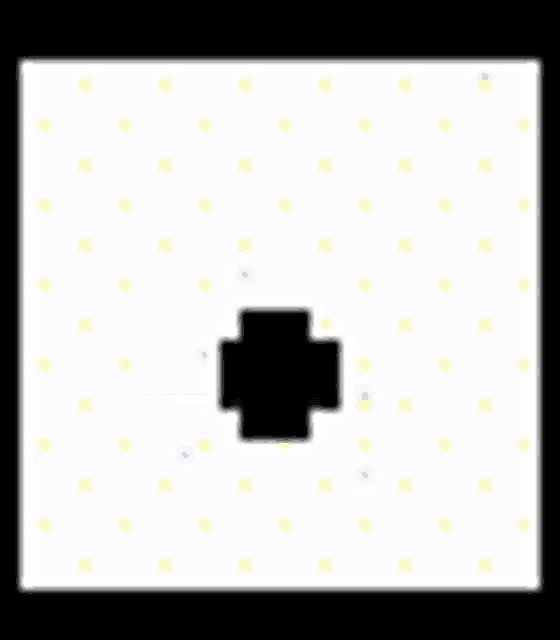 there is a black square in the middle of a white square surrounded by yellow and blue dots .