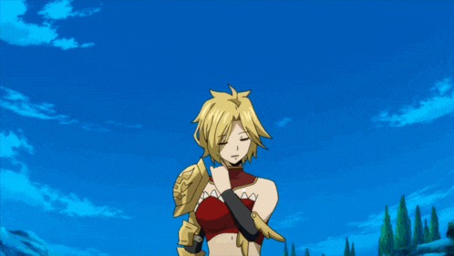 a yellow haired anime character is smiling with her eyes closed and her hand on her face