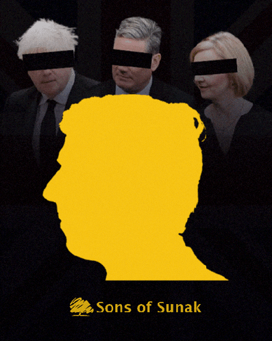 a poster for sons of sunak shows a man and two women with their eyes covered