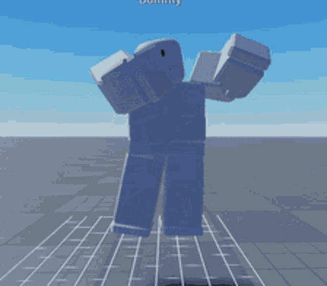 a cartoon character named dummy is walking on a grid