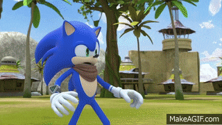 sonic the hedgehog wearing a scarf is standing in a field with palm trees
