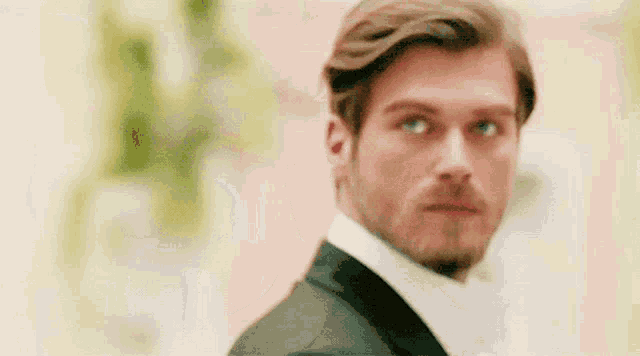 a man with a beard is wearing a tuxedo and looking at the camera