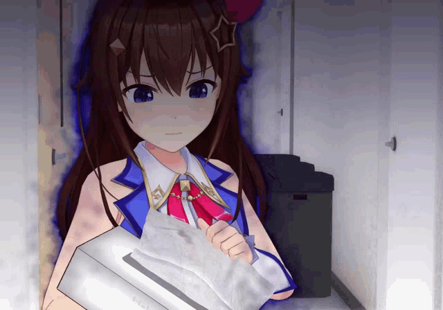 a girl with a star on her head holds a piece of paper