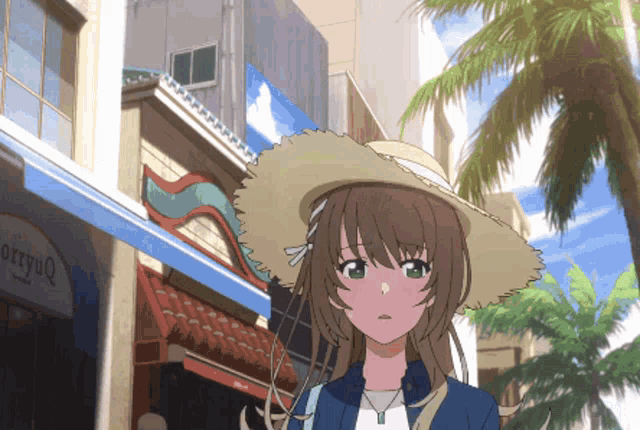 a girl wearing a straw hat stands in front of a building that says orrynq