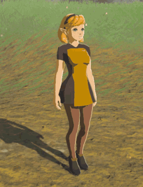 a woman in a black and yellow dress is running through a grassy field
