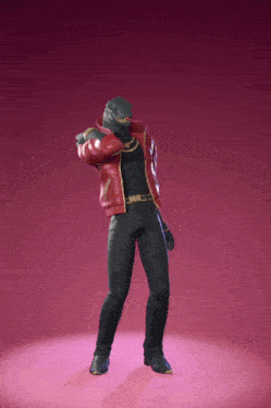 a man wearing a red jacket and black pants is dancing