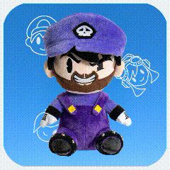a stuffed mario with a skull on his hat is sitting on a blue background
