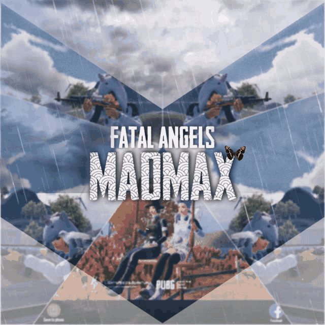 a poster for fatal angels madmax shows a man and woman sitting on a bench