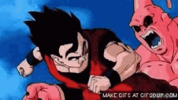 a cartoon of a man fighting a pink monster with the words make gifs at gifsoup.com