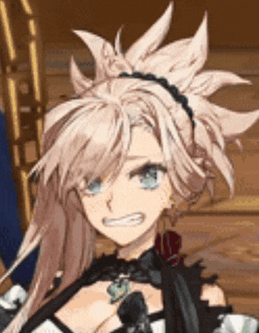 a close up of a female anime character with long hair and a headband .
