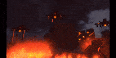 a group of fighter jets are flying over a burning city at night