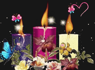 three candles are lit with butterflies and flowers and a heart in the background