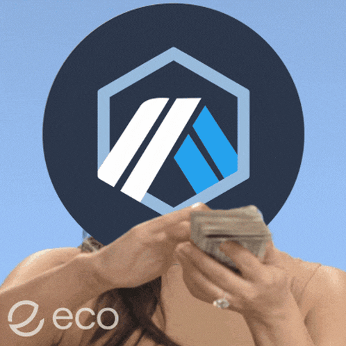 a woman is holding a stack of money in front of a circle with the word eco on it