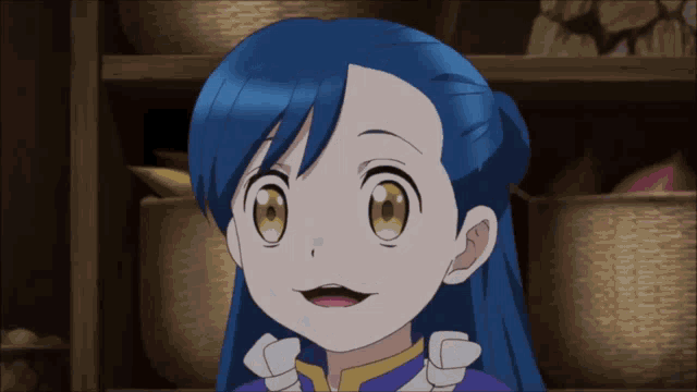a blue haired anime girl with yellow eyes is smiling
