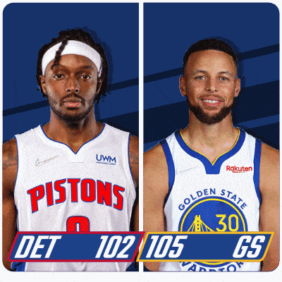 a pistons player and a golden state warriors player are standing next to each other