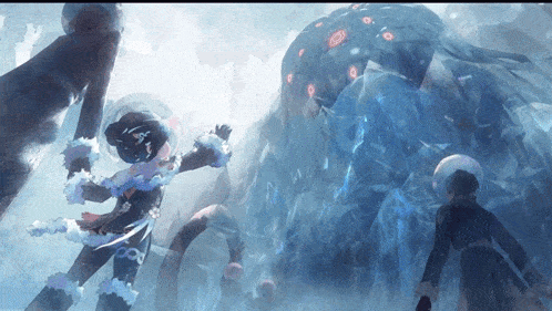 a painting of a woman standing in front of a giant ice sculpture