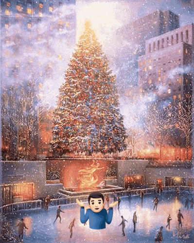 a painting of a man holding a christmas tree in front of ice skaters