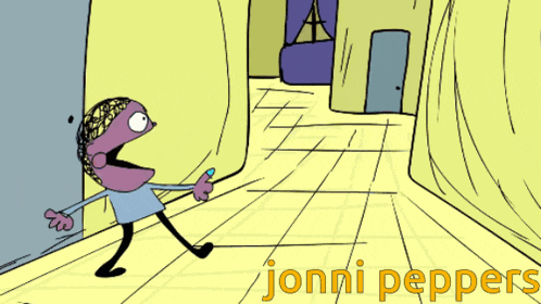 a cartoon character is walking down a hallway with the words jonni peppers on the bottom right
