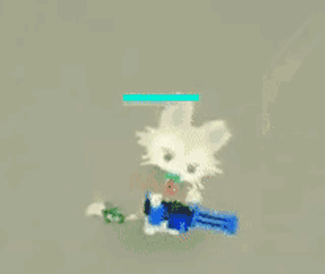 a white rabbit is holding a blue gun in a video game while flying through the air .