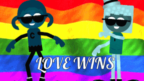 two cartoon characters are dancing in front of a rainbow flag with the words love wins on it