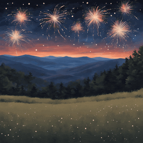 a painting of fireworks over a mountain range with the number 8 written on the sky